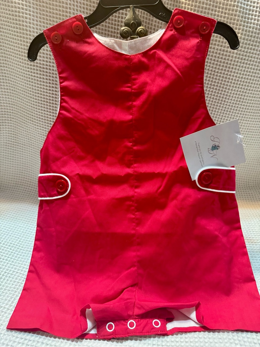 Girls Red Pinafore Romper with Button Accents